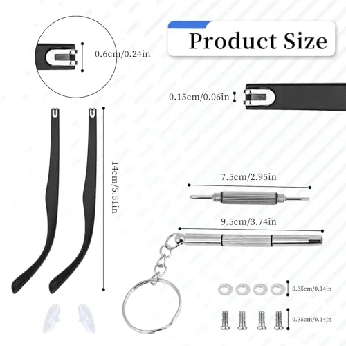 KALIONE 1 Pair Glasses Arm Replacement, Glasses Legs Replacement Eyeglass Arm Replacement Eyeglasses Arms Legs Replacement Accessories With Screws, Washers, Screwdrivers, Nose Pads (Black) 2